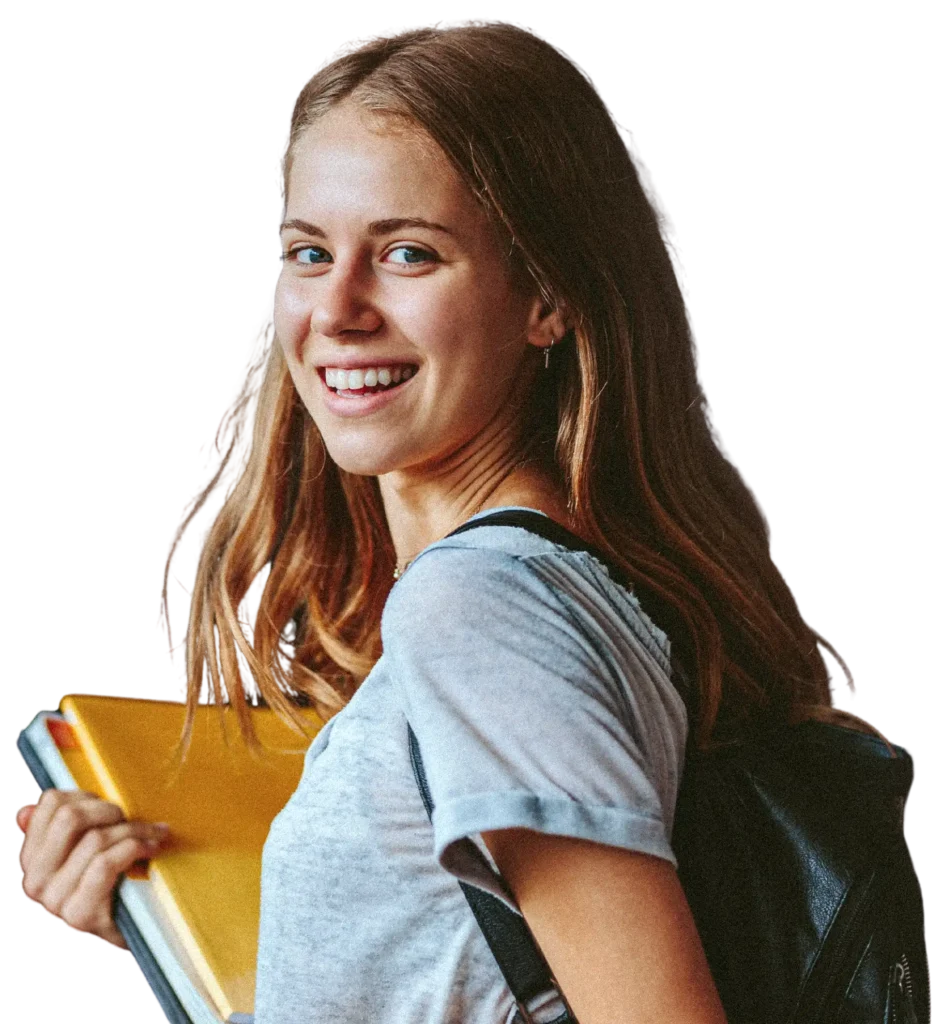 chica estudiante con carpeta de ejercicios yendo a la escuela para aprender idiomas como inglés, francés o alemán