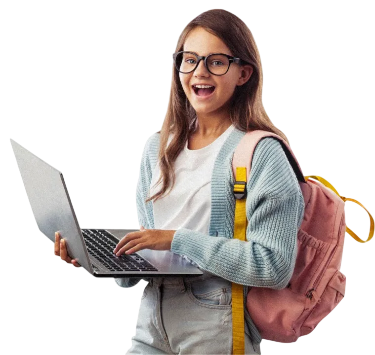 alumna feliz estudiando alemán con su portátil y una mochila