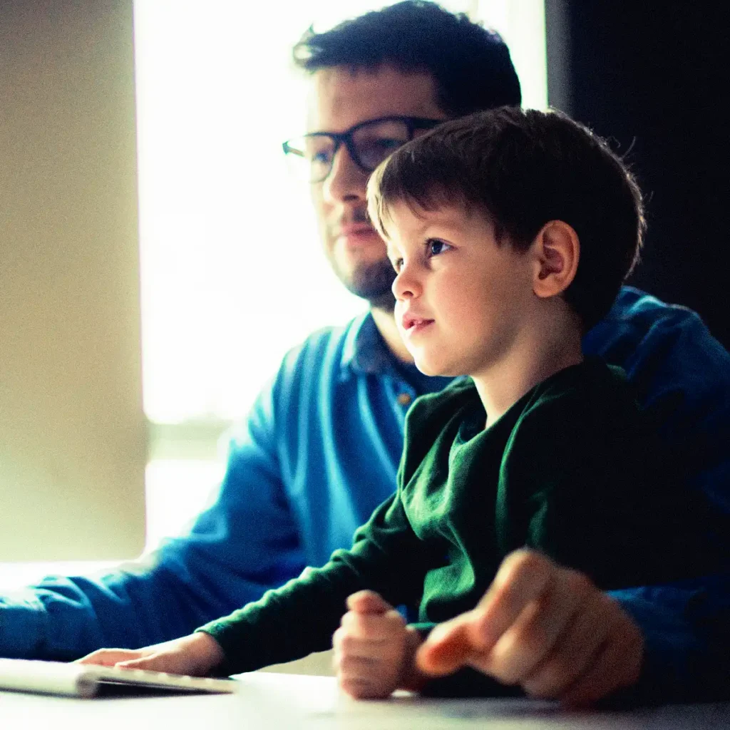 niño conectado con su padre a las clases de francés para niños